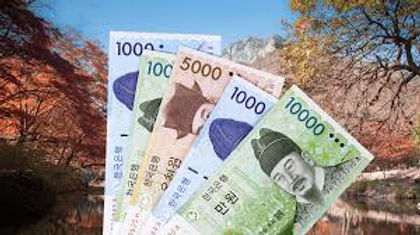 Korean Won bills with nature backdrop