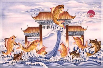 Chinese folklore painting of carp jumping over a gate