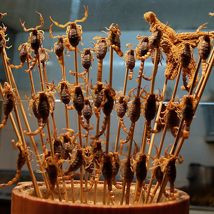 dozens of breaded and fried scorpions on sticks