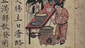 Ancient Chinese man using chopsticks as cooking utensils