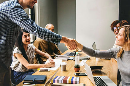 man and woman giving handshake during meeting with other people