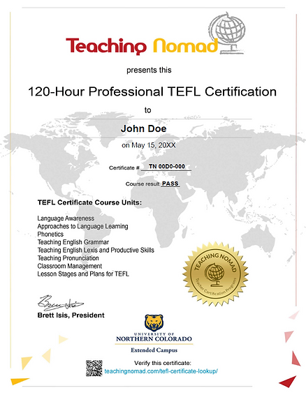 Teaching Nomad TEFL example certificate